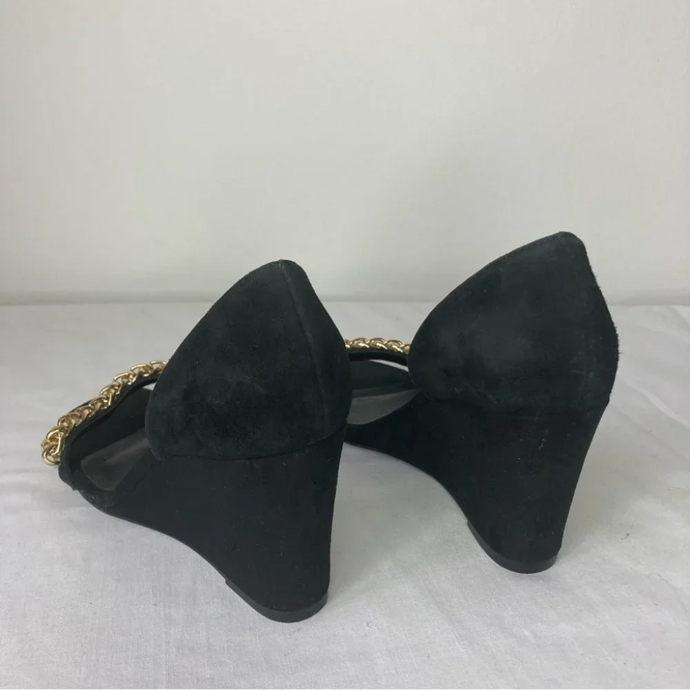 Black Wedge Sandals with Gold Chain Accent